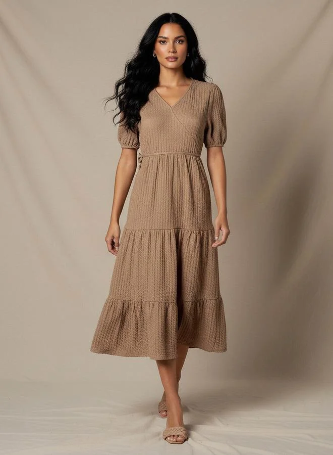 Splash FAV Midi Textured Tiered Dress with Short Puff Sleeves